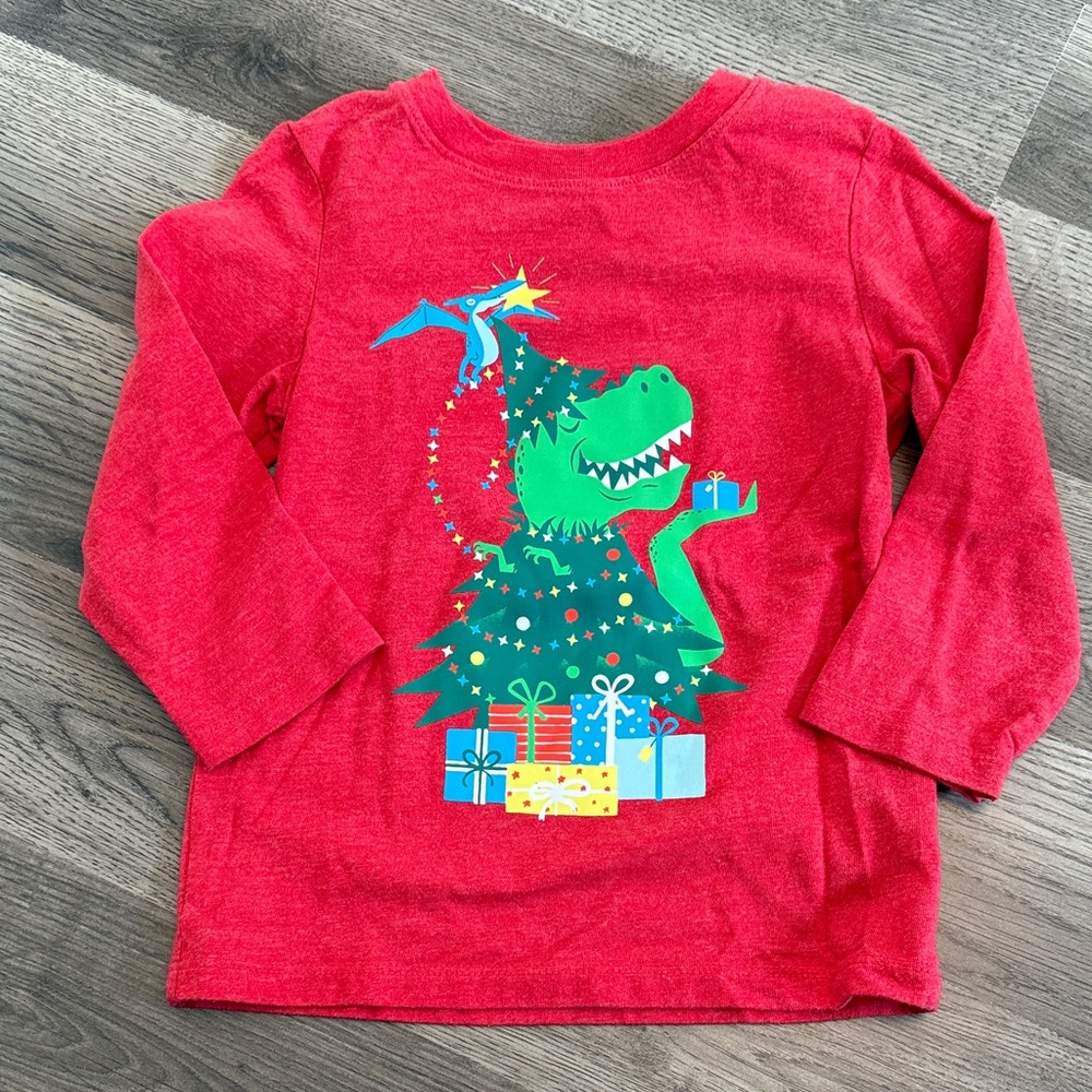 Cat & Jack Toddler Red Long Sleeve Tee with Dinosaur and Gifts, 2T